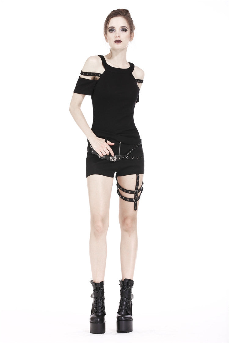 Black Off Shoulder Straps Short Sleeves Cut-Out Women's T-Shirt - Product - 8