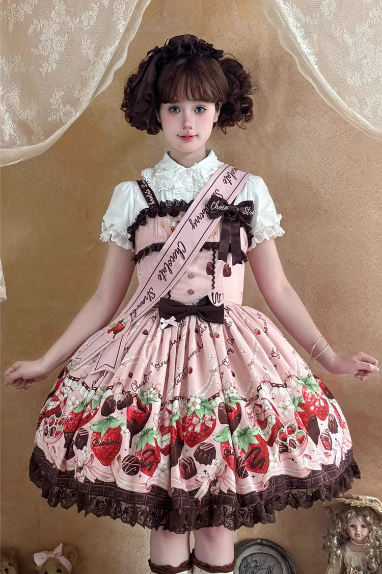 Pink [Strawberry Chocolate Lover] Sleeveless Printed Ruffled Embroidered Bow Lace Sweet Lolita Jsk Dress - Product - 16