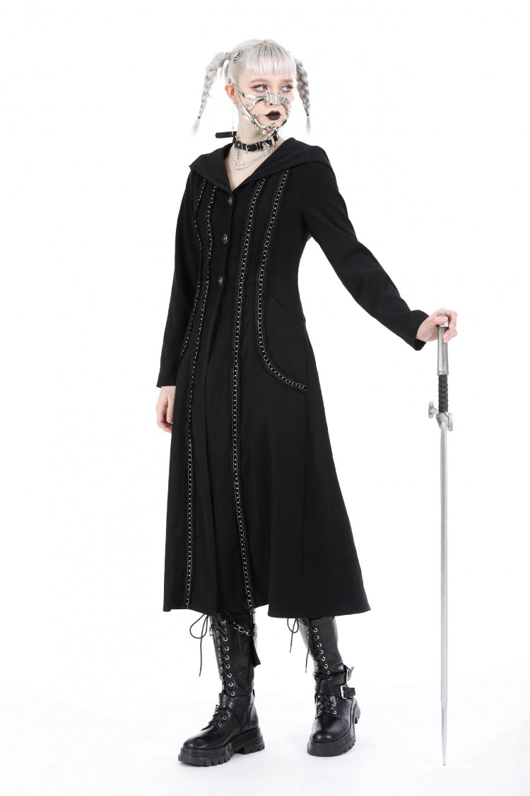 Black Long Sleeves Ruffled Lace-Up Women's Punk Long Jacket with Hood - Product - 7