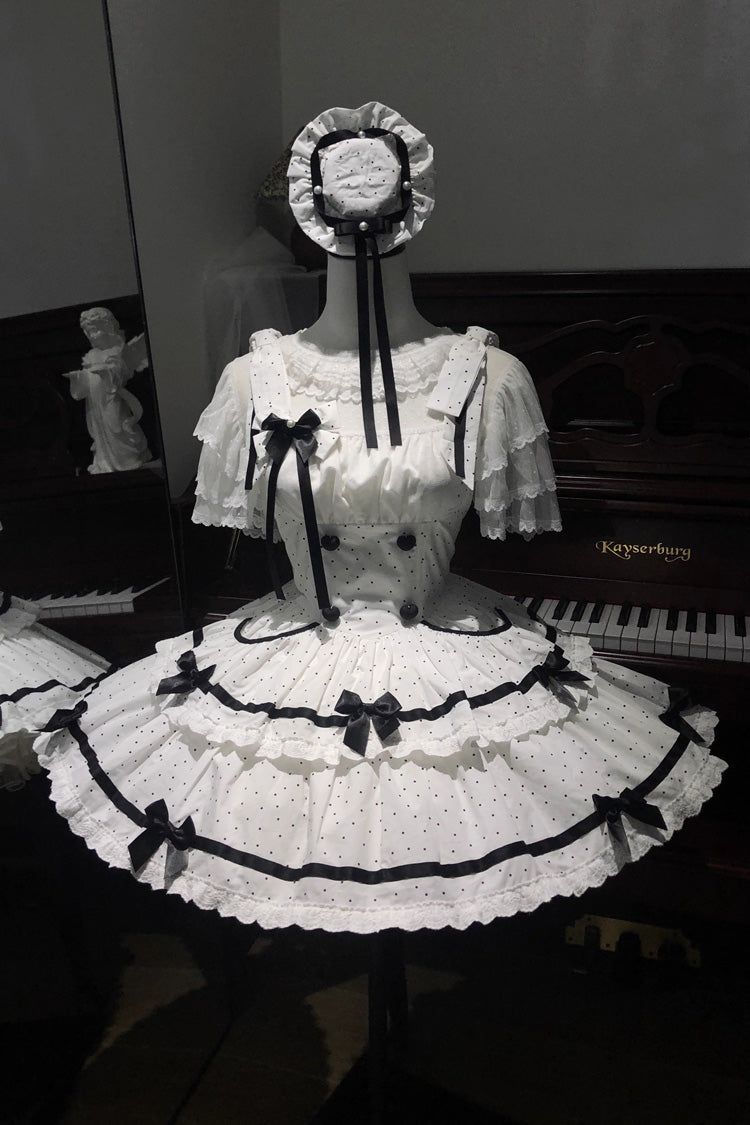 White Pure Cotton Sleeveless Double-Layered Polka Dot Print Ruffle Bowknot Daily Sweet Lolita Jsk Dress - White - 1