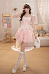 Pink [Floral Brulee] Square Collar Sleeveless Multi-Layered Ruffled Bow Spliced Lace Sweet Princess Lolita Jsk Dress - Product - 6