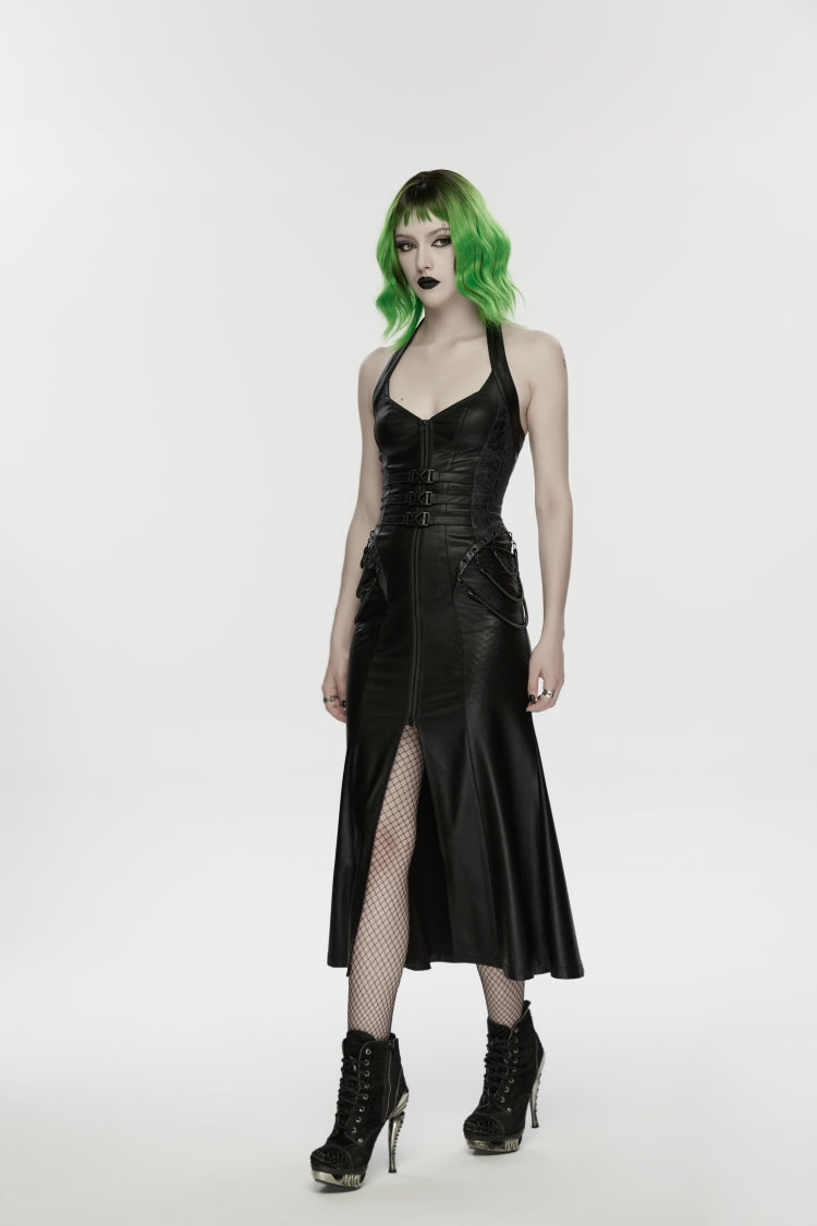 Black Halterneck Sleeveless Lace-Up Slim Buckled Women's Punk Dress - Product - 5