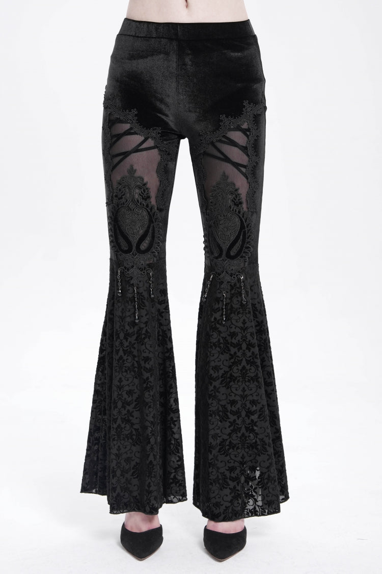 Black Hollow Floral Embroidery Women's Gothic Flared Pants - Product - 10