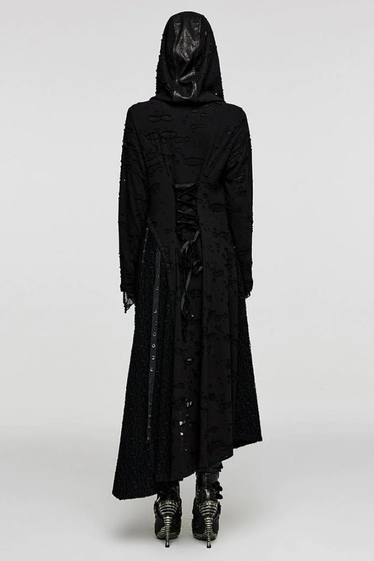 Black Ripped Mesh Stitching Irregular Hooded Womens Steampunk Coat - Product - 4