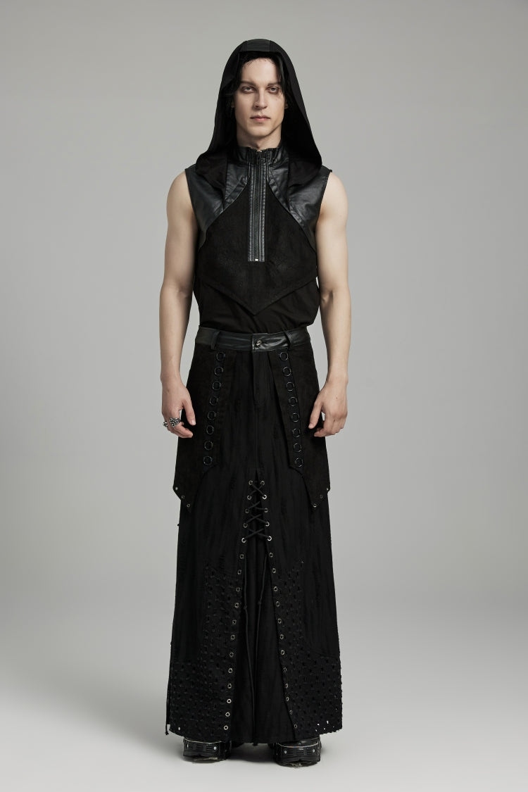 Black Lace-Up Ripped Eyelet Men's Punk Skirt - Product - 5