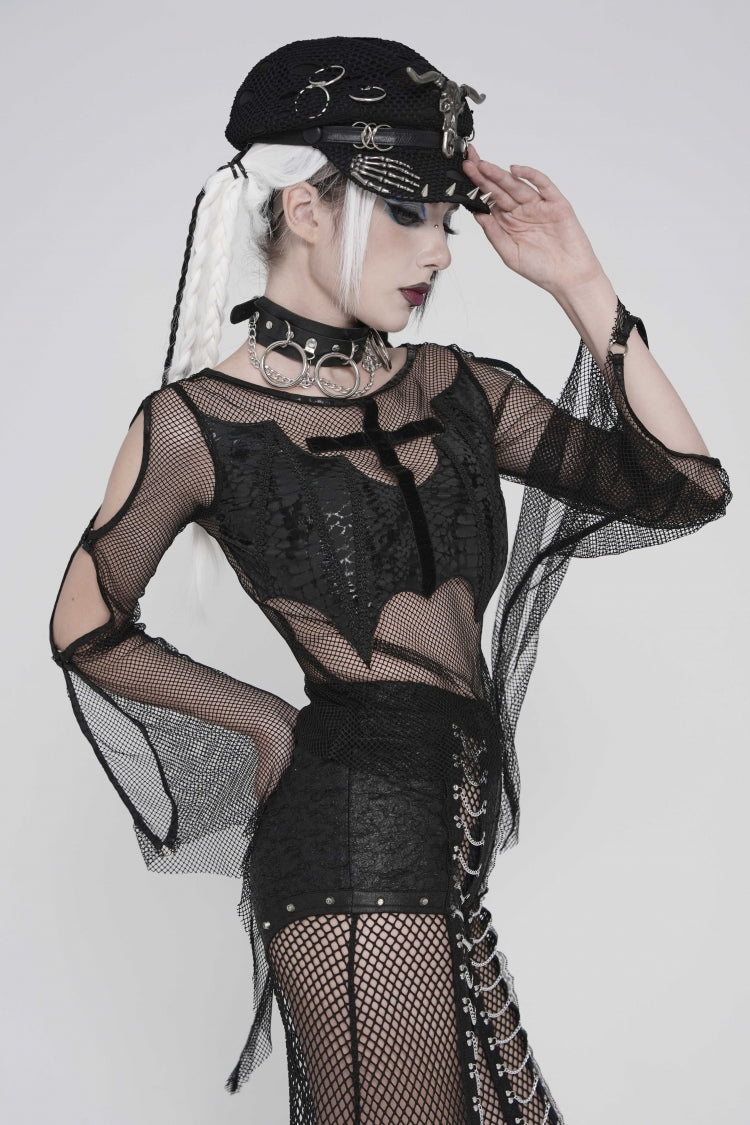 Black Round Collar Long Sleeves Cut-Out Sheer Eyelet Women's Punk Bat Cross Mesh T-Shirt - Product - 13