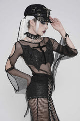 Black Round Collar Long Sleeves Cut-Out Sheer Eyelet Women's Punk Bat Cross Mesh T-Shirt - Product - 13