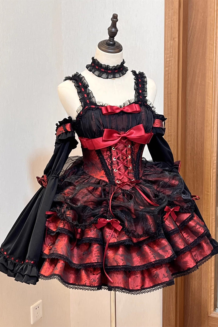 Black/Red Sleeveless Multi-layer Ruffle Bowknot Lace-Up Gothic Princess Lolita Jsk Dress - Black/Red - 1