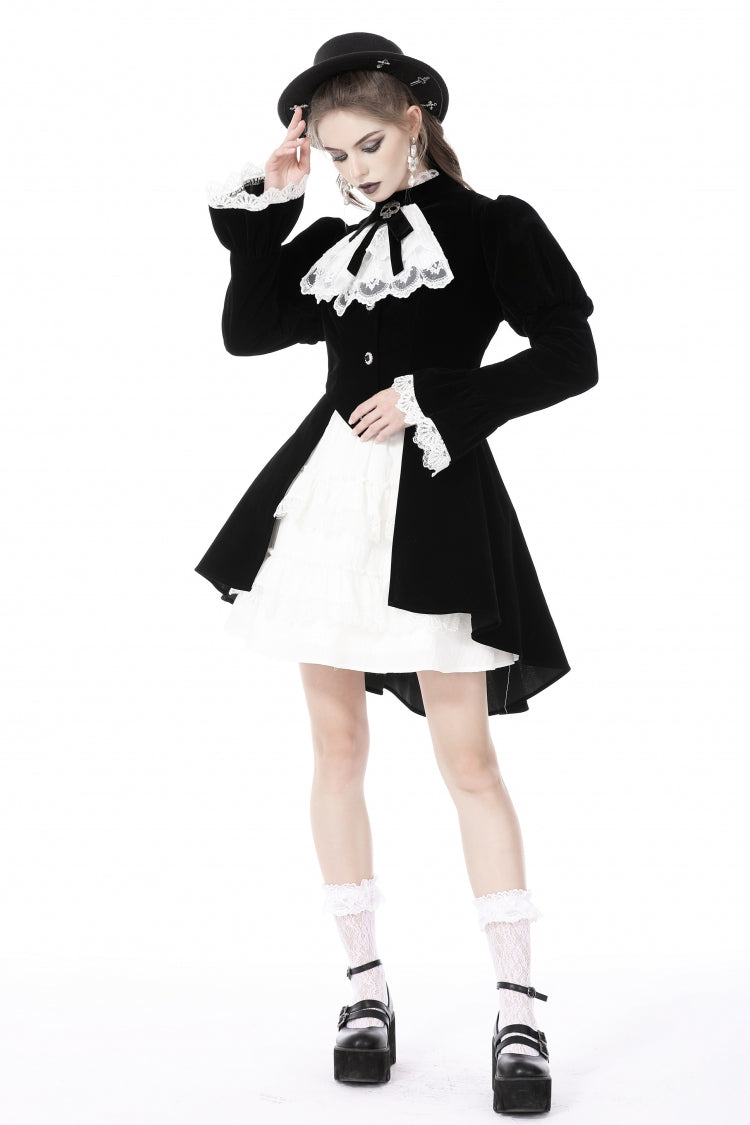 Black/White Frilly Collar Skull Bow Tie Long Puff Sleeves Lace Lace-Up Women's Gothic Vintage Velvet Jacket - Product - 8
