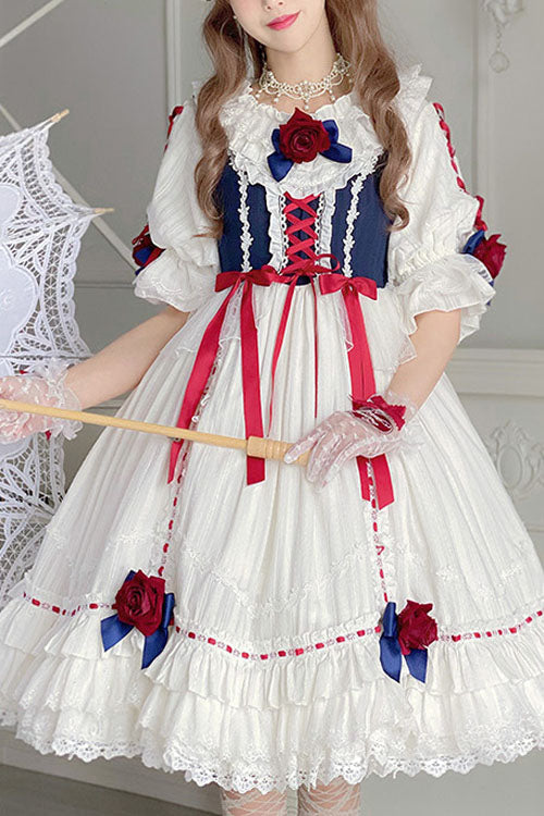 Blue/White Round Collar Bowknot Short Sleeves Multi-Layer Ruffled Sweet Lolita OP Tiered Dress - Blue/White - 1