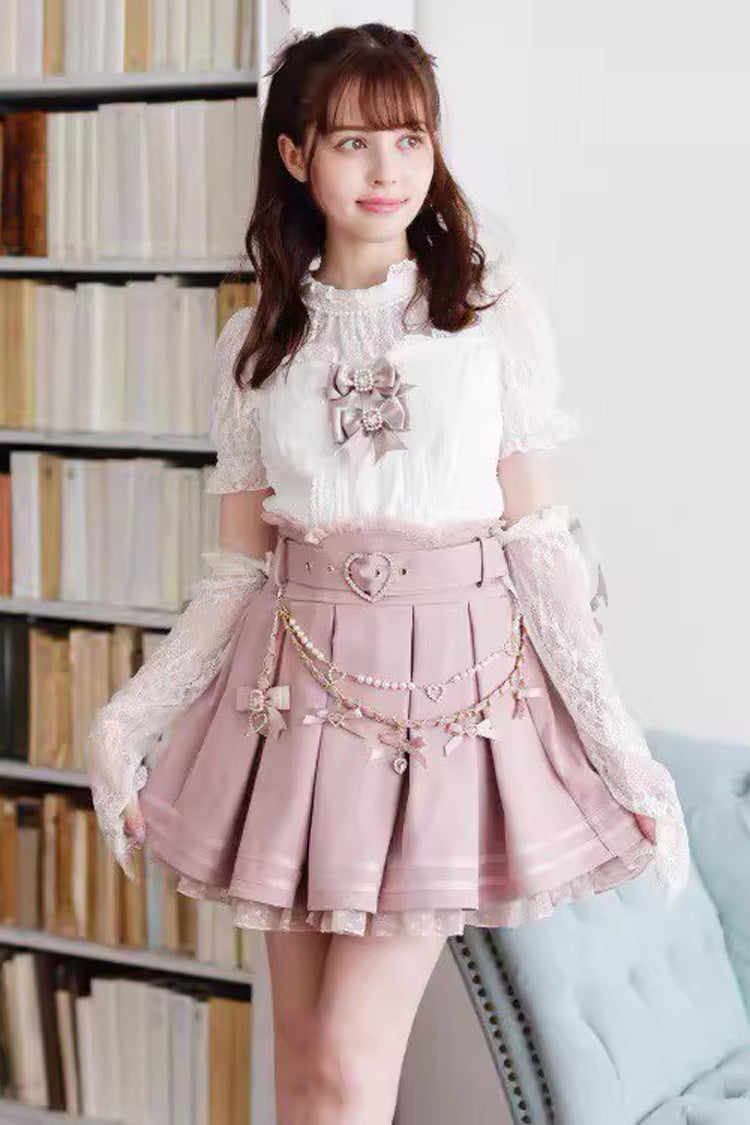 Sweet Heart Belt Printed Ruffled Bow Pearl-Decorated Chain-Decorated Plus Size Pleated Jirai Kei Skirt - Pink - 1