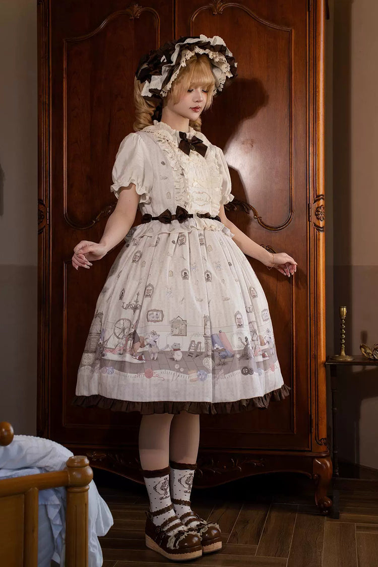 Ivory [Forest Tailor Shop] Stand Collar Short Sleeves Printed Ruffled Bow Sweet Lolita Dress - Product - 6