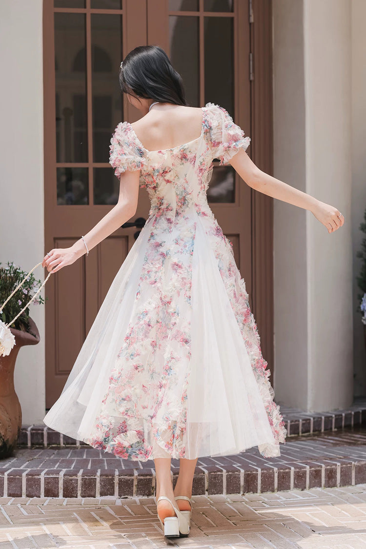 White Floral Pattern Square Collar Short Puff Sleeves Ruffled Open-Front Spliced Sweet Lolita Dress - Product - 3