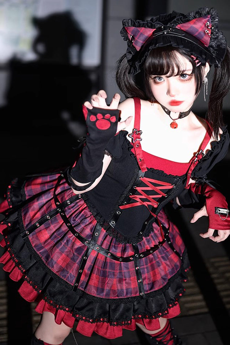 Black/Red Print Ruffle Lace-Up Gothic Japanese Princess Lolita Skirt Set - Product - 3