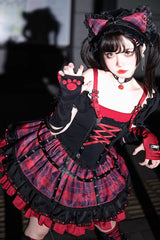 Black/Red Print Ruffle Lace-Up Gothic Japanese Princess Lolita Skirt Set - Product - 3