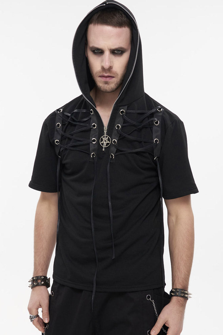 Black Punk Short Sleeve Metal Zipper Lace-Up Knit Loose Casual Hooded Men's T-Shirt - Product - 3