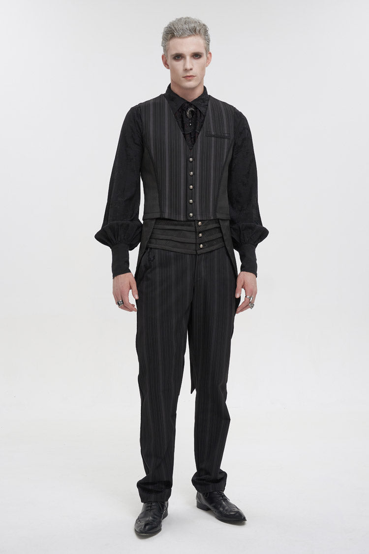 Black Retro Micro-Elastic Thick Stripe Stitching Three-Dimensional Texture Detachable Men's Punk Swallowtail Vest - Product - 2