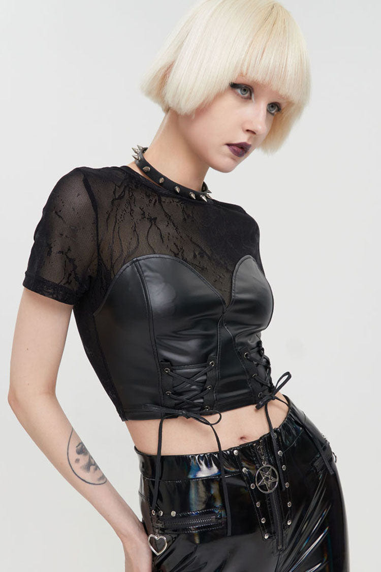 Black Punk Short Sleeve Mesh-Paneled Matte Leather Crew Neck Women's T-Shirt - Product - 2