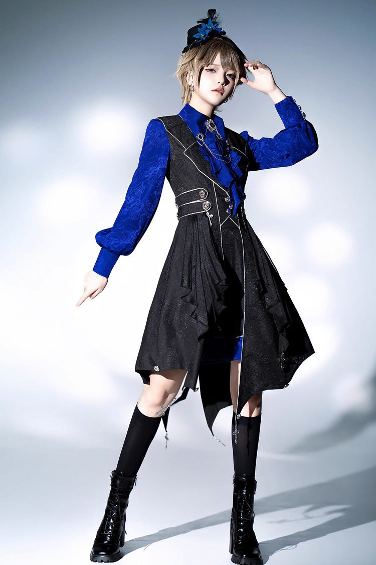Black/Blue Courtly Knight-Style Long Sleeves Ruffle Embroidery Prince Ouji Lolita Set - Product - 4