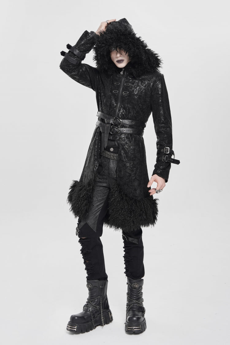 Black Stand Collar Long Sleeves Lace-Up Slim  Zippered Men's Punk Coat with Detachable Belt - Product - 11