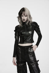 Black Stand Collar Long Sleeves Patchwork Slim Fit Zippered Women's Punk Cool Crop Top with Arm Zip Pocket - Black - 1