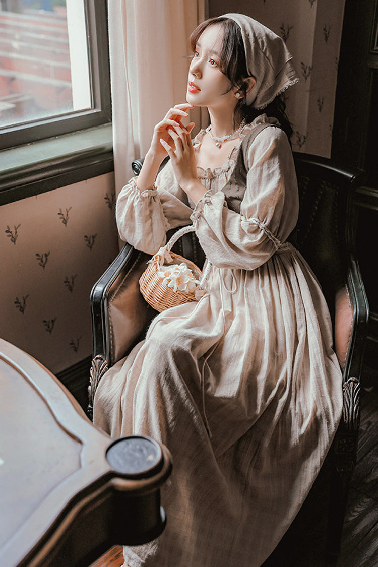 Khaki French Style Round Collar Long Sleeves Printed Classic Vintage Lolita Dress - Product - 2