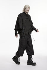 Black Stand Collar Long Sleeves Zippered Men's Punk Handsome Multi Pockets Strappy  Jacket - Product - 5