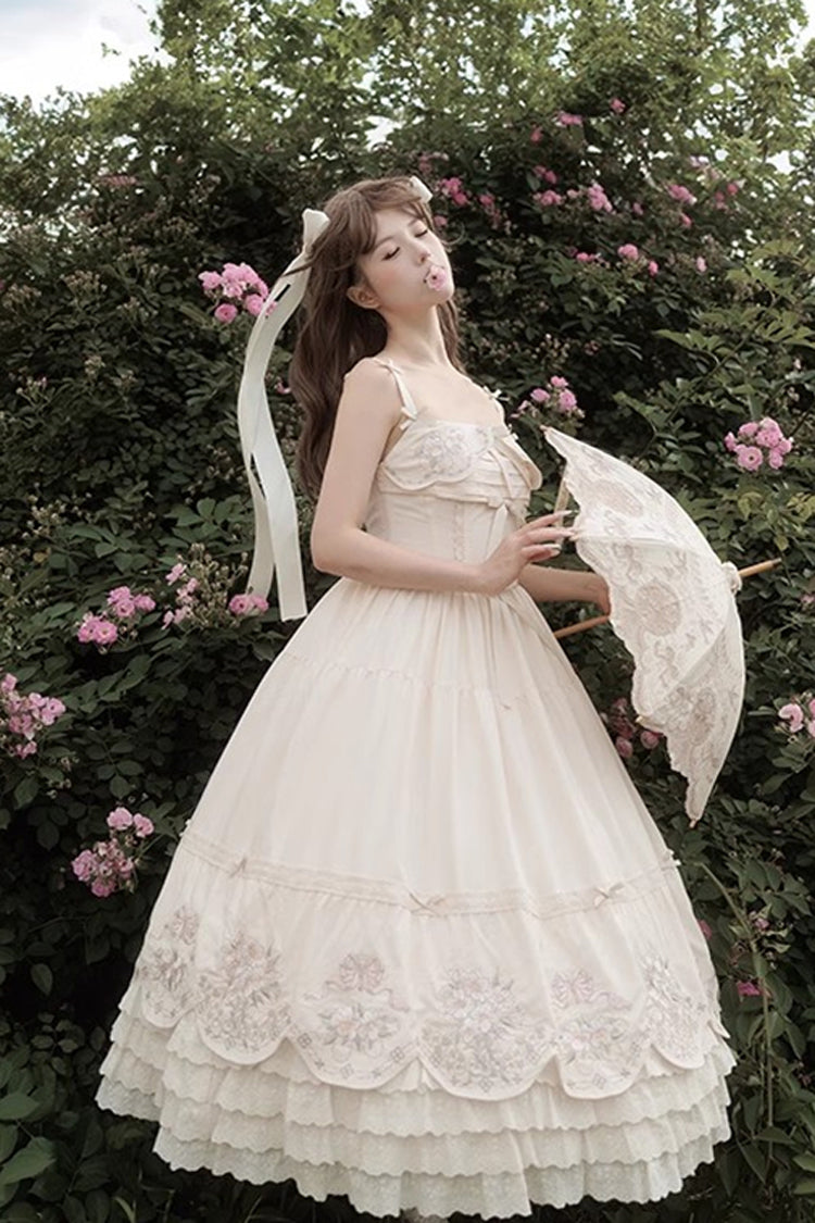 Apricot [Fantasy Butterfly] Triple-Layered Ruffle Embroidery Bowknot Lace Sweet Princess Lolita Jsk Dress - Product - 11