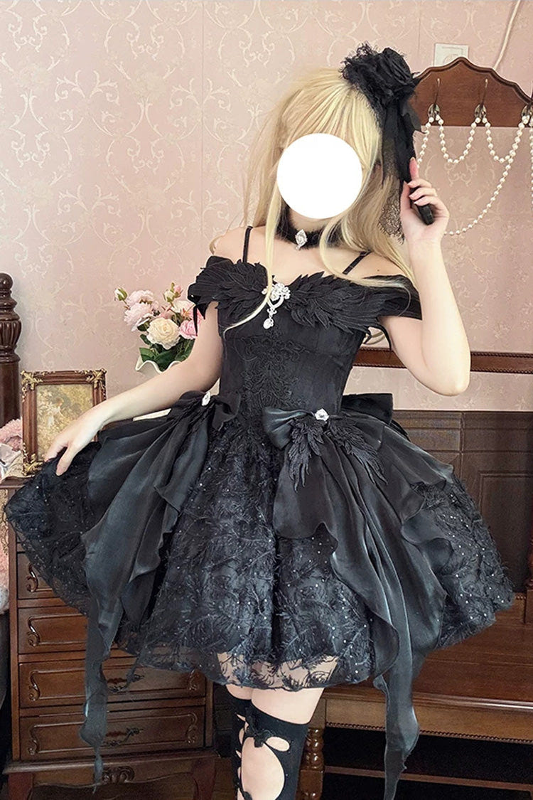 Black [Feathers Floating In The Air] Square Collar Flutter Sleeves Embroidered Bow Lace Gothic Lolita Jsk Dress - Black - 1