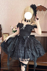 Black [Feathers Floating In The Air] Square Collar Flutter Sleeves Embroidered Bow Lace Gothic Lolita Jsk Dress - Black - 1