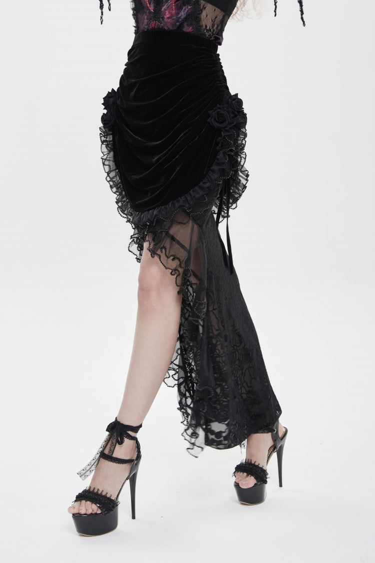 Black Embroidered Rose Lace-up Irregular Women's Gothic Hem Skirt - Product - 11