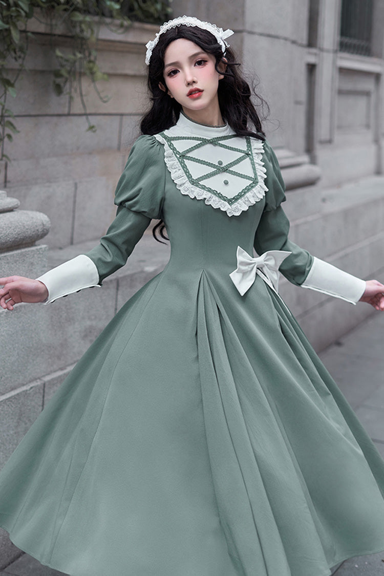 Green Nun Style Stand Collar Long Sleeves Ruffle Bowknot Classic Elegant Lolita Dress - Product - 4