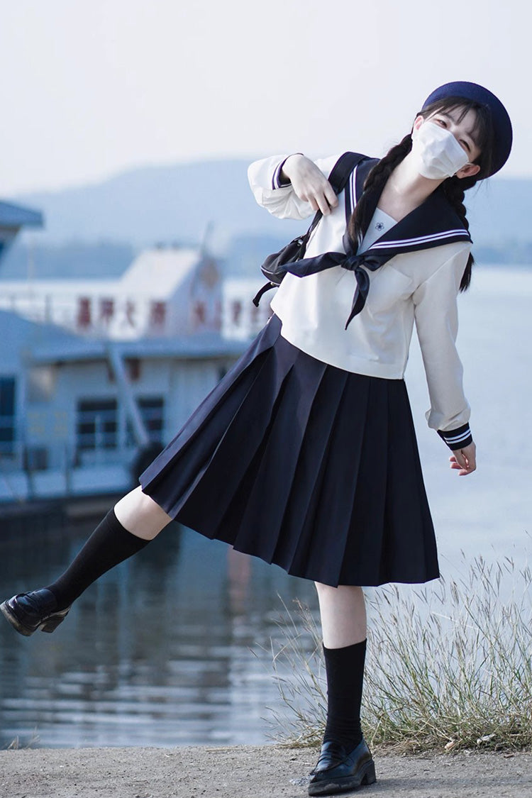 White/Dark Blue Long Sleeves Sweet Japanese School Skirt Set - Product - 7