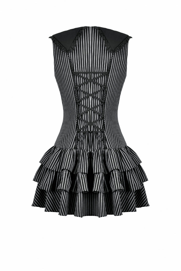 Black/Grey Navy Collar Sleeveless Bow Lace-Up Pinstripe Multi-Layered Ruffled Women's Gothic Dress - Product - 16