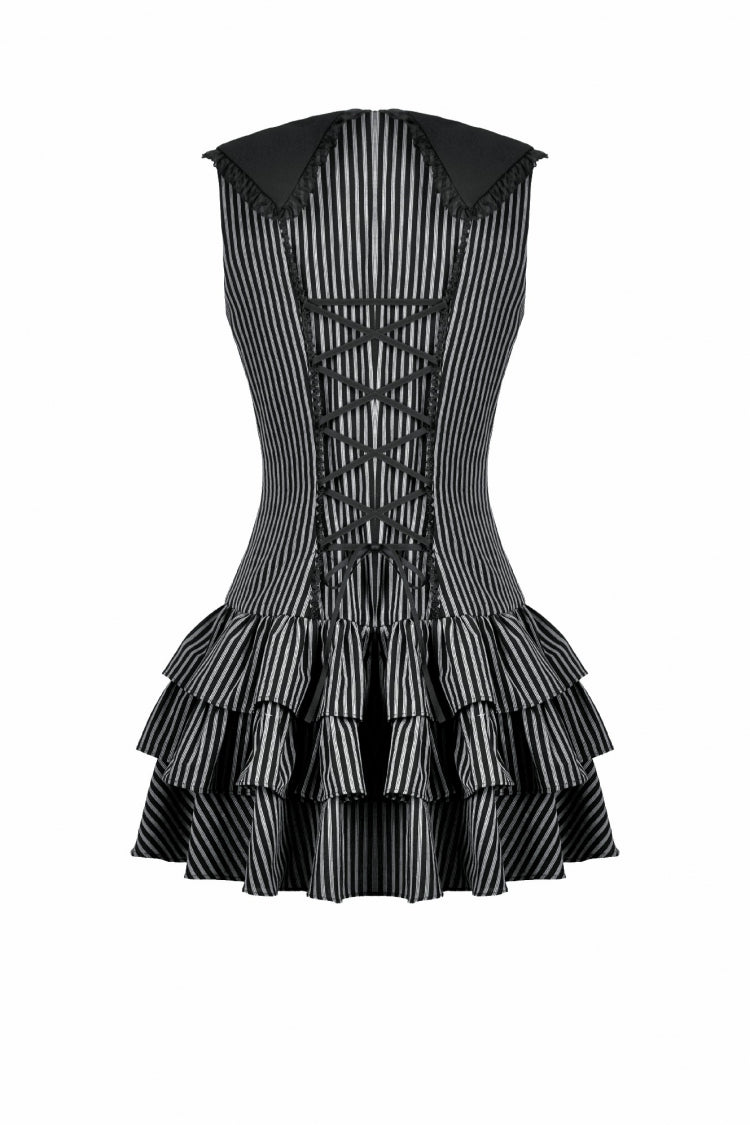 Black/Grey Navy Collar Sleeveless Bow Lace-Up Pinstripe Multi-Layered Ruffled Women's Gothic Dress - Product - 16