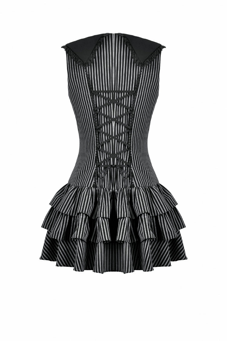 Black/Grey Navy Collar Sleeveless Bow Lace-Up Pinstripe Multi-Layered Ruffled Women's Gothic Dress - Product - 16