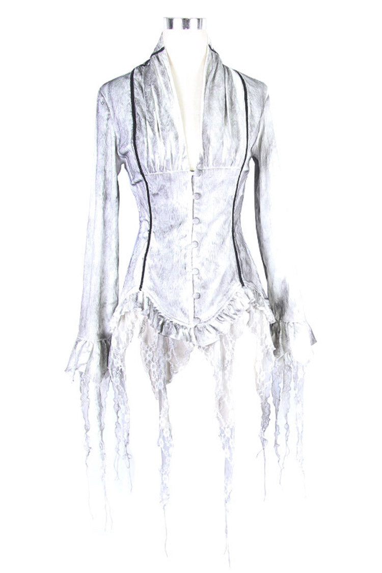 White Printed V-Neck Long Sleeve Flare Cuff Back Waist Lace-Up Irregular Lace Tassels Hem Women's Gothic Blouse - Product - 8