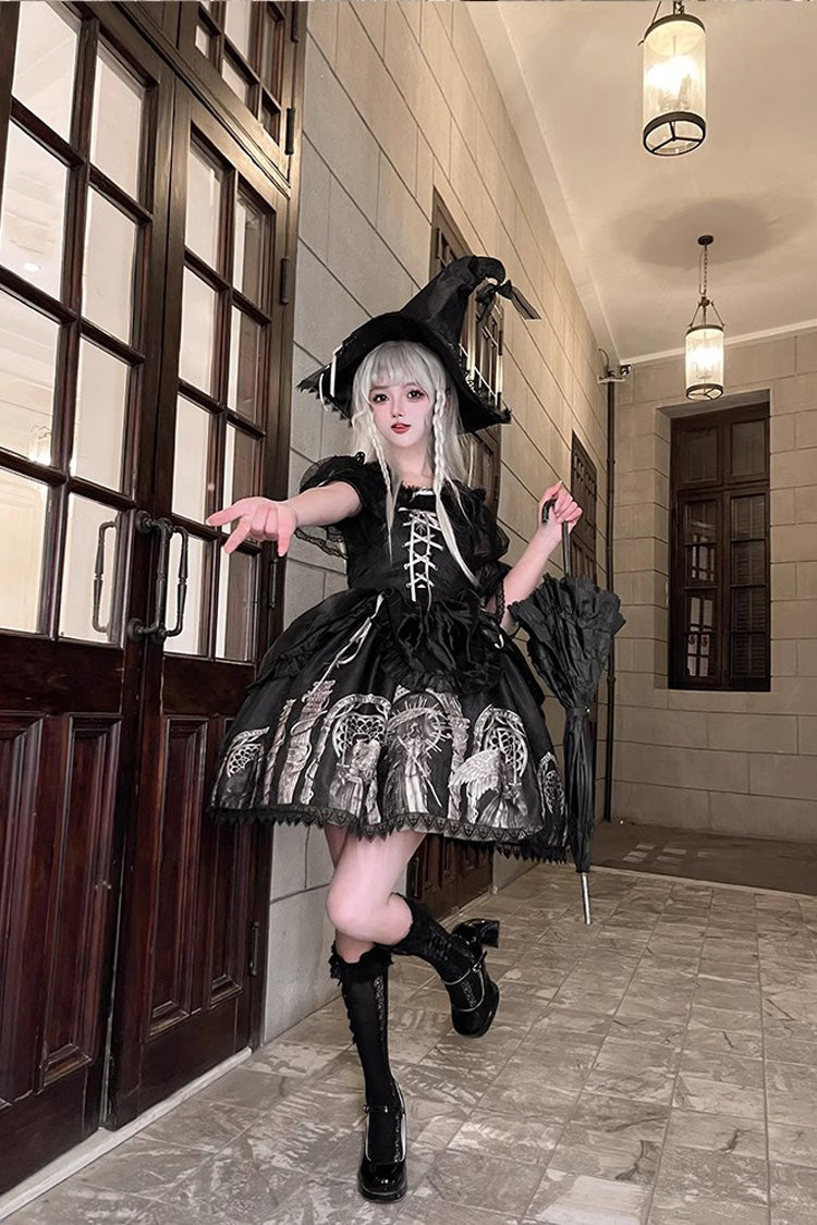 Black Eternal Night Print Ballet Lace-Up Gothic Punk Lolita Jsk Dress - Product - 5