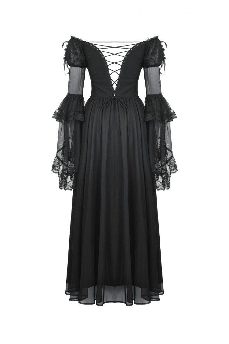 Black Off Shoulder Boat Neck Multi-Layered Long Trumpet Sleeves Lace Spliced Tulle Lace-Up Women's Gothic Fantasy Dress - Product - 15