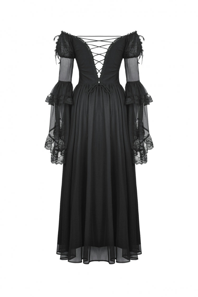 Black Off Shoulder Boat Neck Multi-Layered Long Trumpet Sleeves Lace Spliced Tulle Lace-Up Women's Gothic Fantasy Dress - Product - 15