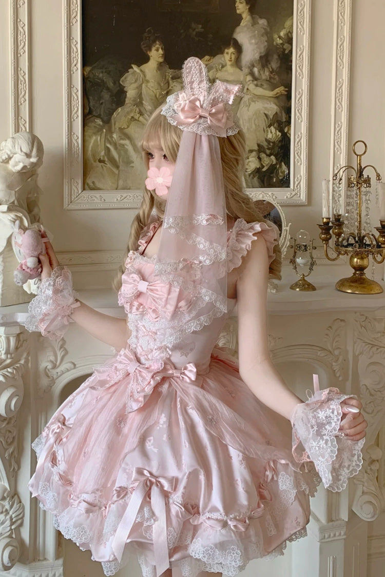 Pink [Sakura Bunny Ballad] Square Collar Flutter Sleeves Jacquard Ruffled Bow Lace Sweet Elegant Luxurious Short Lolita Jsk Dress - Product - 17