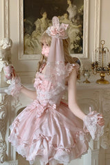 Pink [Sakura Bunny Ballad] Square Collar Flutter Sleeves Jacquard Ruffled Bow Lace Sweet Elegant Luxurious Short Lolita Jsk Dress - Product - 17