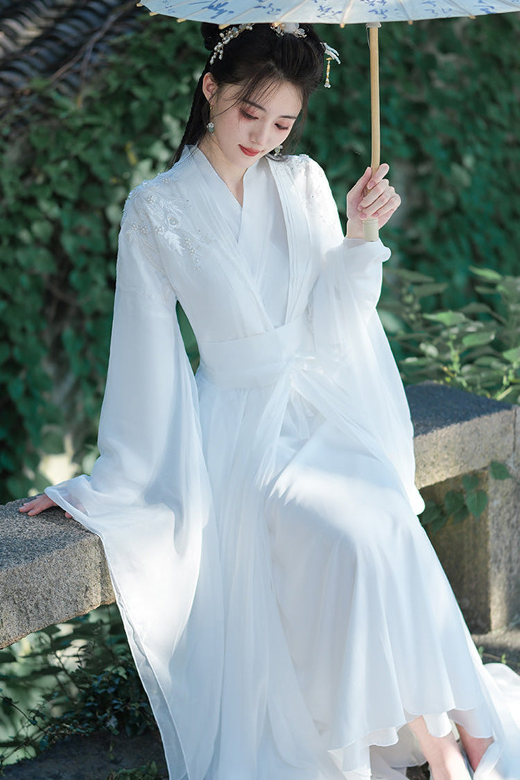 White Fairy-Like Long Trumpet Sleeves Embroidered Sweet Ancient Chinese Inspired Hanfu Dress - Product - 6
