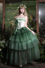 Green [Lily of the Valley in Falling Snow] Sleeveless Triple-Layered Ruffled Bow Lace-Up Sweet Elegant Lolita Skirt Dress Set - Product - 2