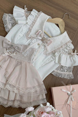 White/Pink [Dreamy Love Ballad] Lapel Collar Short Sleeves Double-Layered Ruffled Cut-Out Bow Gothic Japanese Jirai Kei Skirt Set - White/Pink-Top(Only) - 10