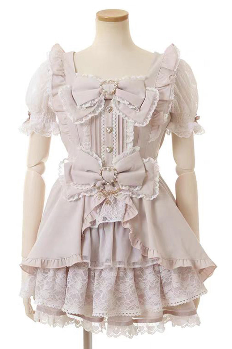Sweet Jirai Kei Square Collar Short Sleeves Ruffle Bowknot Lace Japanese Dress Set 3 Colors - Pink - 1