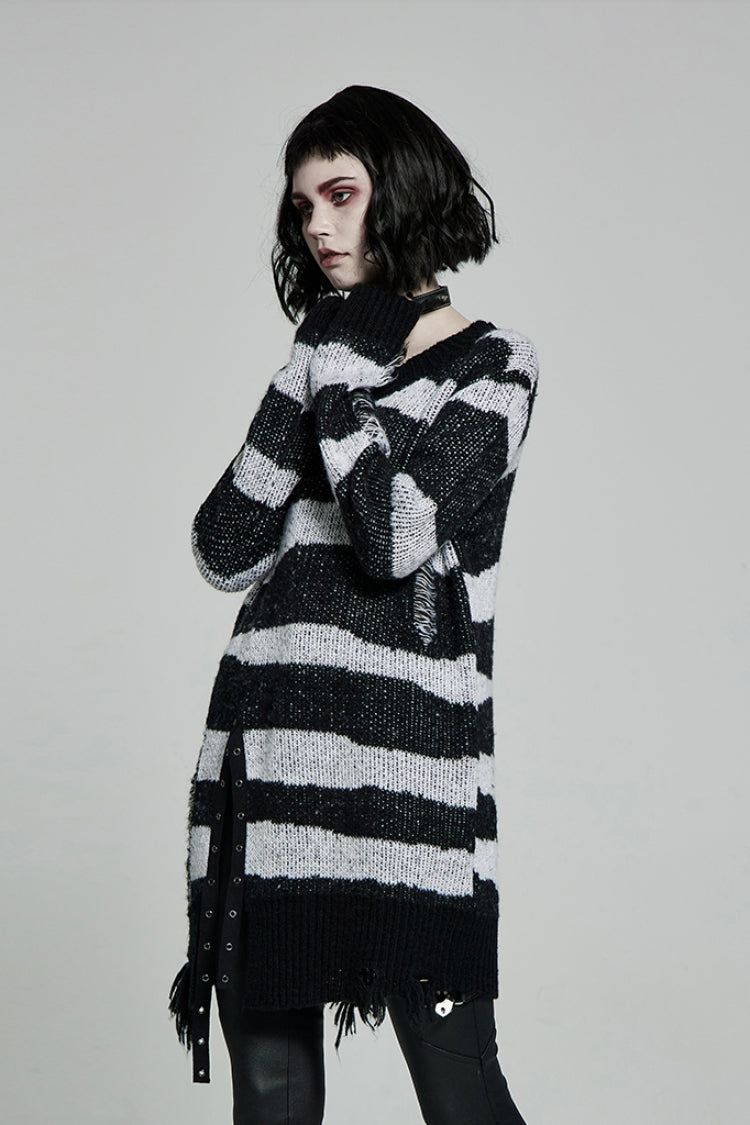 Striped Print Long Sleeves Mesh Ripped Women's Steampunk Knitted Sweater 2 Colors - Product - 2