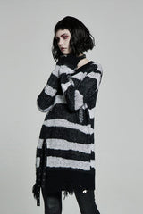 Striped Print Long Sleeves Mesh Ripped Women's Steampunk Knitted Sweater 2 Colors - Product - 2