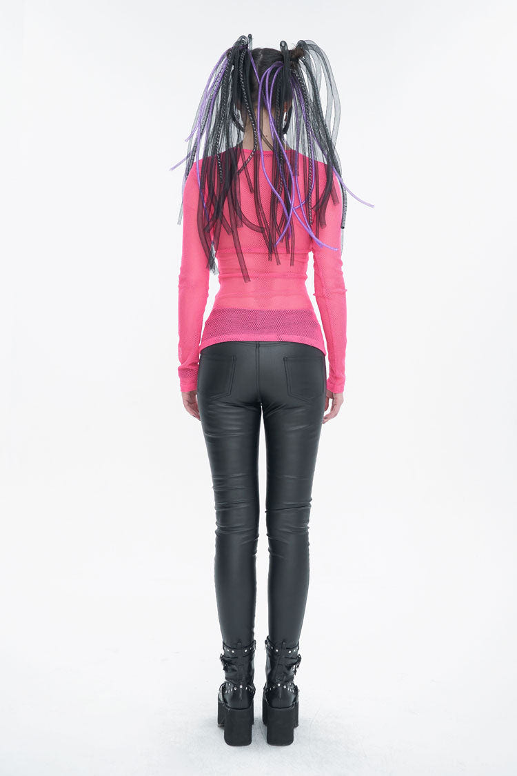 Red Elasticity High Neck Long Sleeve Mesh Women's Gothic T-Shirt - Product - 5