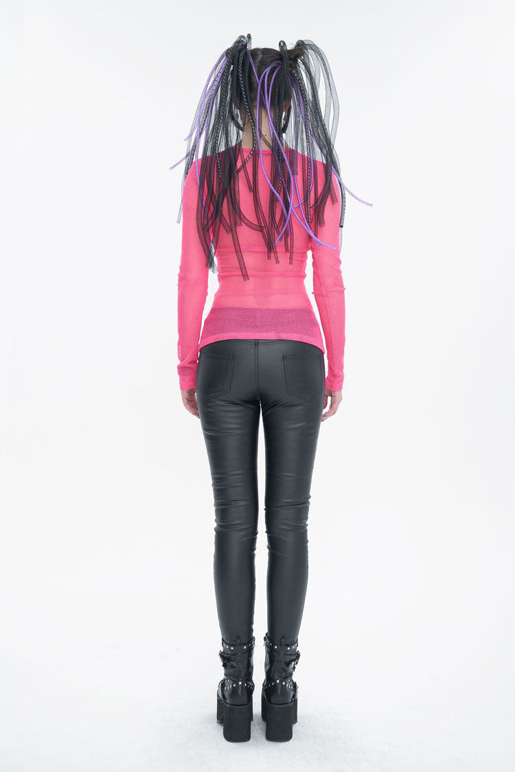 Red Elasticity High Neck Long Sleeve Mesh Women's Gothic T-Shirt - Product - 5